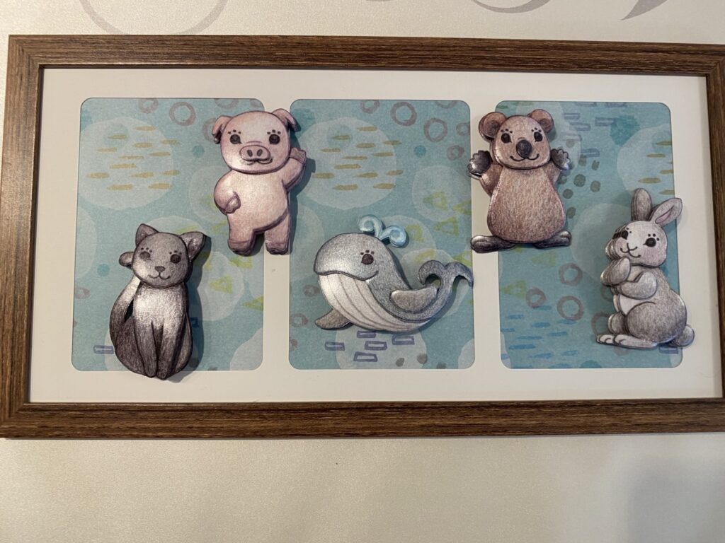 「ラッキーアニマル」のシャドーボックス作品